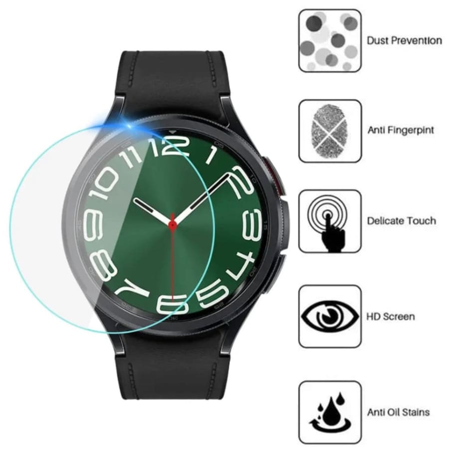 Tempered glass screen protector for Samsung Galaxy Watch 6 Classic 43mm, offering durable protection for the watch face.