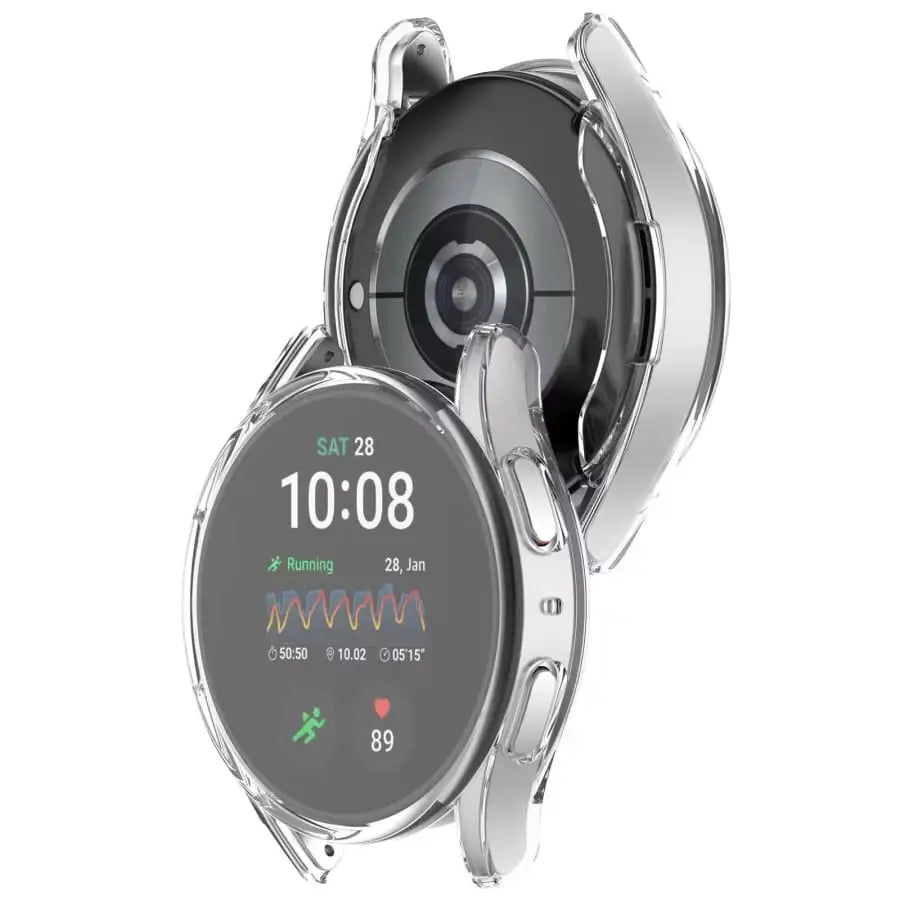 Clear protective case for Samsung Galaxy Watch 7 (44mm) by Habicare, showing the transparent, snug-fit design on the watch.