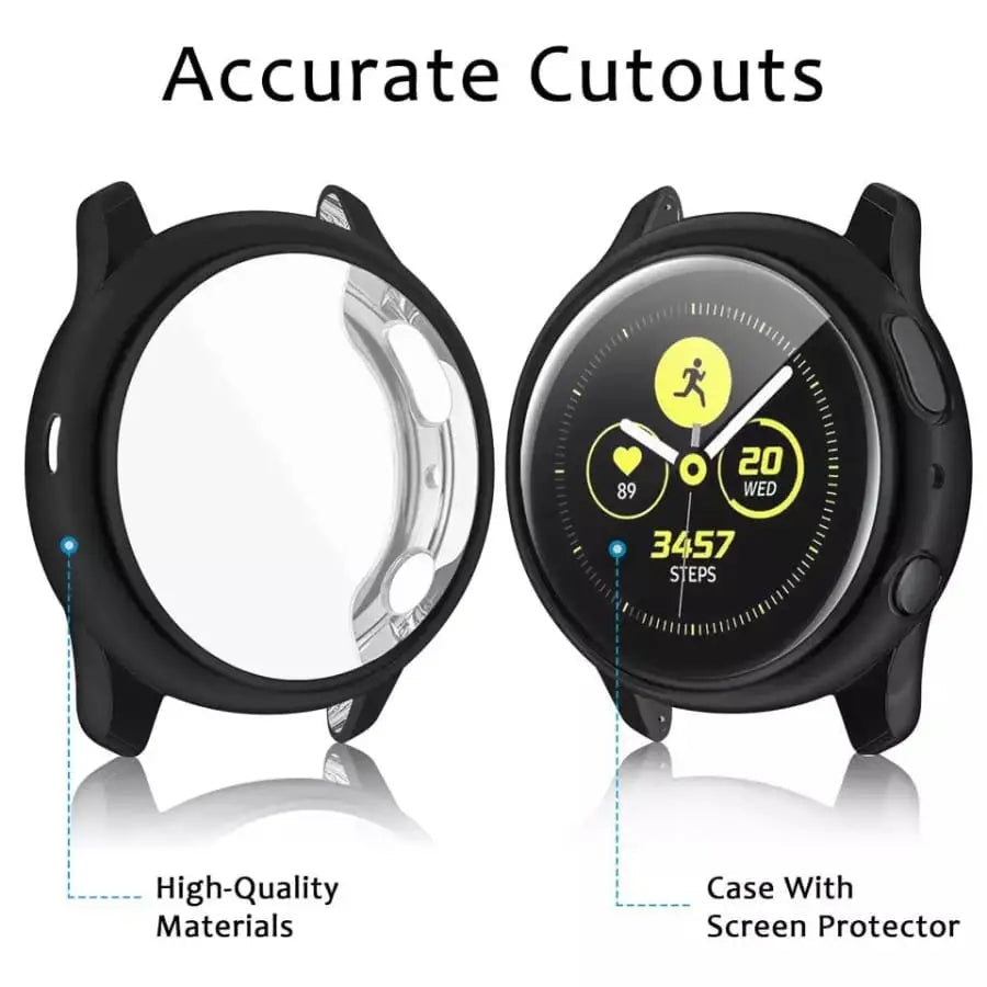 Black Habicare protective case for Samsung Galaxy Watch Active 2 40mm, showing the snug fit around the watch.