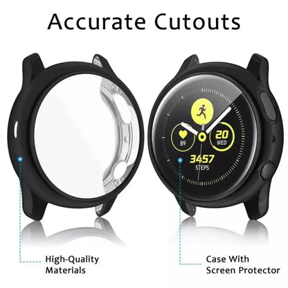 Black Habicare protective case for Samsung Galaxy Watch Active 2 40mm, showing the snug fit around the watch.