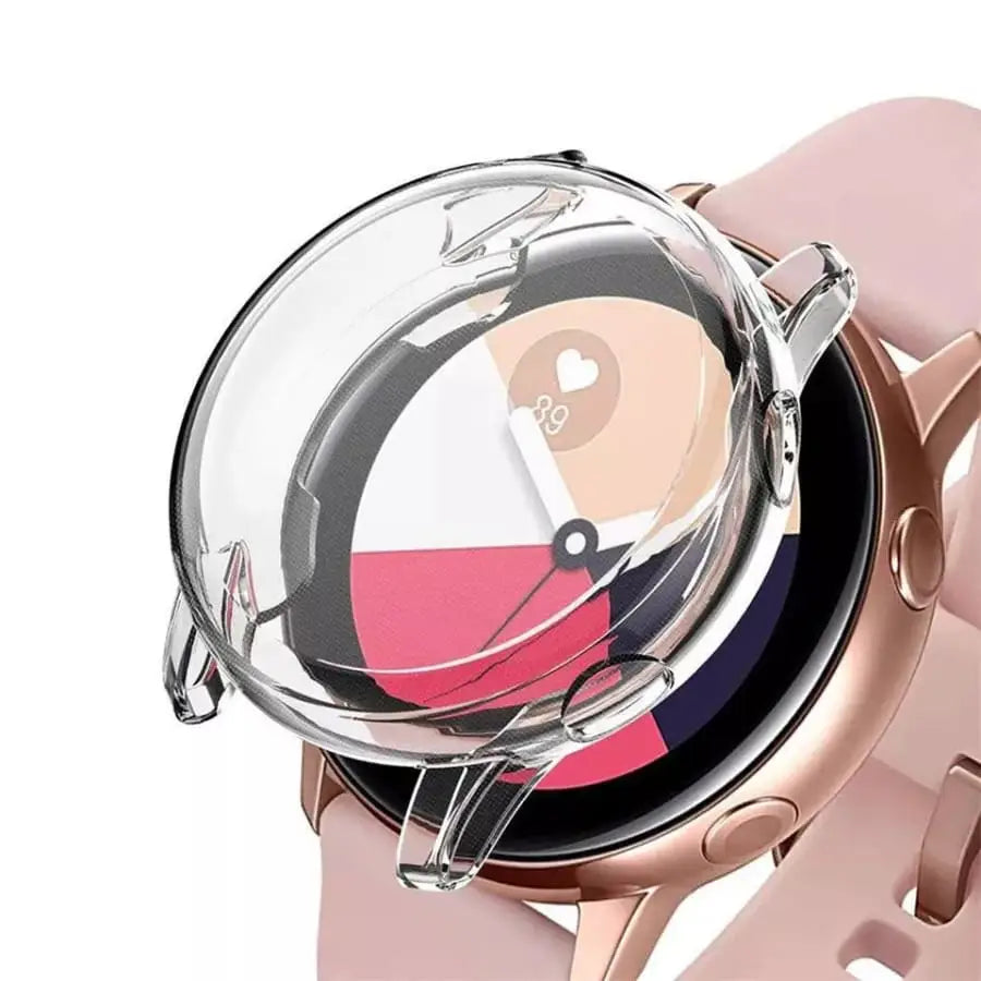 Clear protective case for Samsung Galaxy Watch Active 2 40mm by Habicare, showing the transparent watch cover on the device.