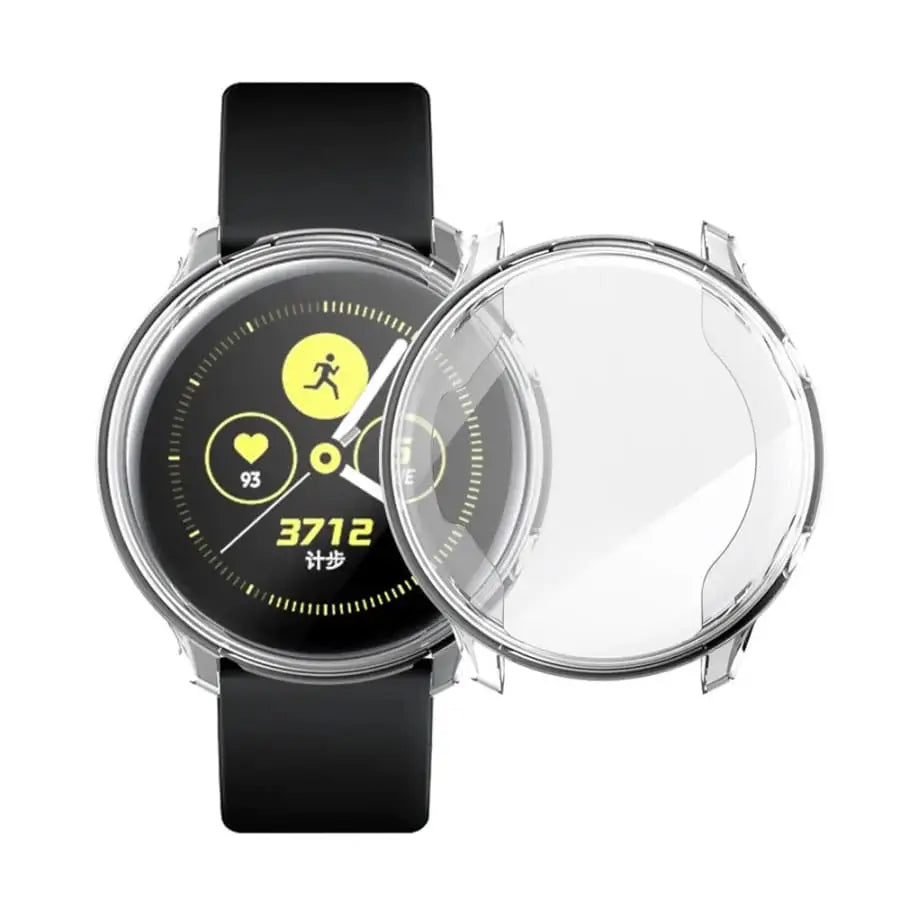 Clear protective case for Samsung Galaxy Watch Active 40mm by Habicare, showing the transparent cover on the watch.