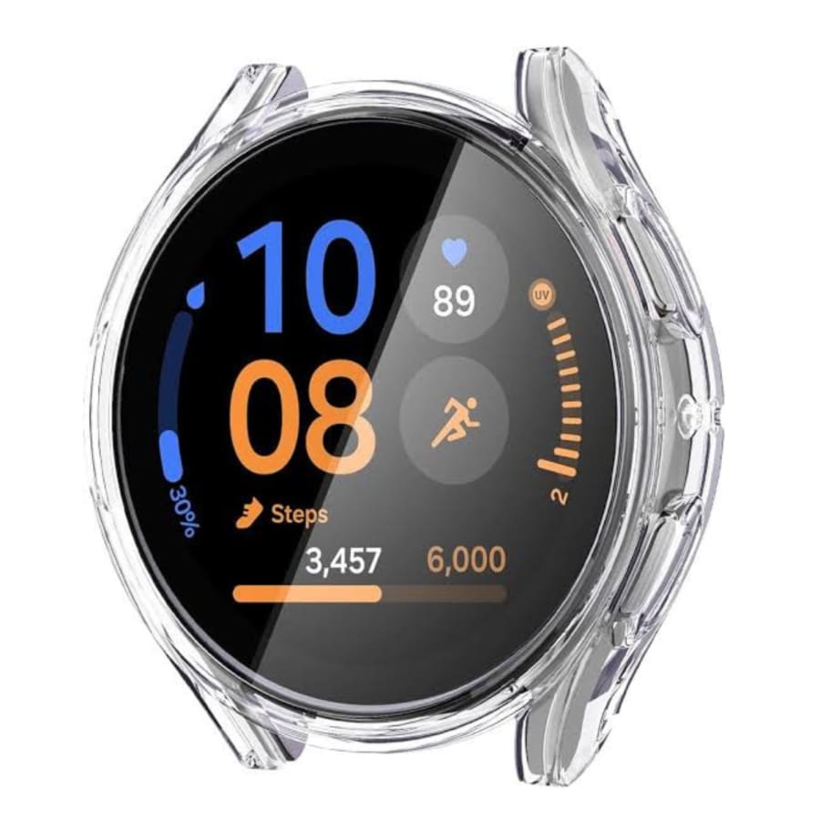 Clear protective case for Samsung Galaxy Watch FE 40mm, designed to shield the watch while showcasing its design.