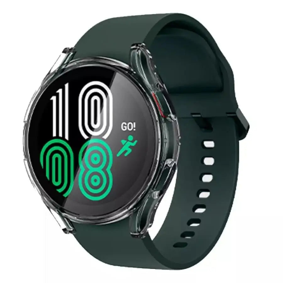 Clear protective case for Samsung Galaxy Watch Gear S2 by Habicare, showing the slim, transparent design fitting the smartwatch.