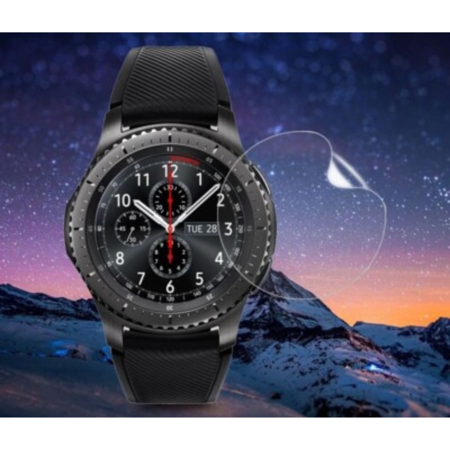 Set of six hydrogel screen protectors for Samsung Galaxy Watch Gear S3, designed to protect the watch screen from scratches and impacts.