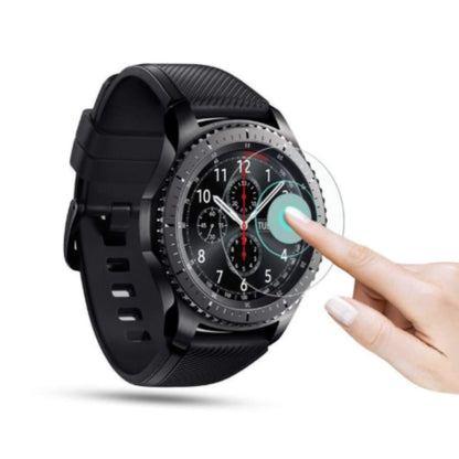 Set of four black hydrogel screen protectors for Samsung Galaxy Watch Gear S3, designed to shield the watch display.