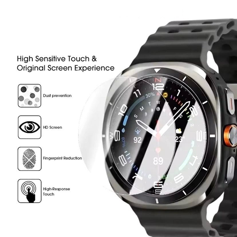 Black Samsung Galaxy Watch Ultra 47mm screen protectors, pack of 2, designed for Watch Ultra 2 2025, by That Watch Shop.