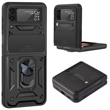 Black Samsung Galaxy Z Flip 4 phone case by 9eight5, slim protective cover with precise cutouts, shown on the device.