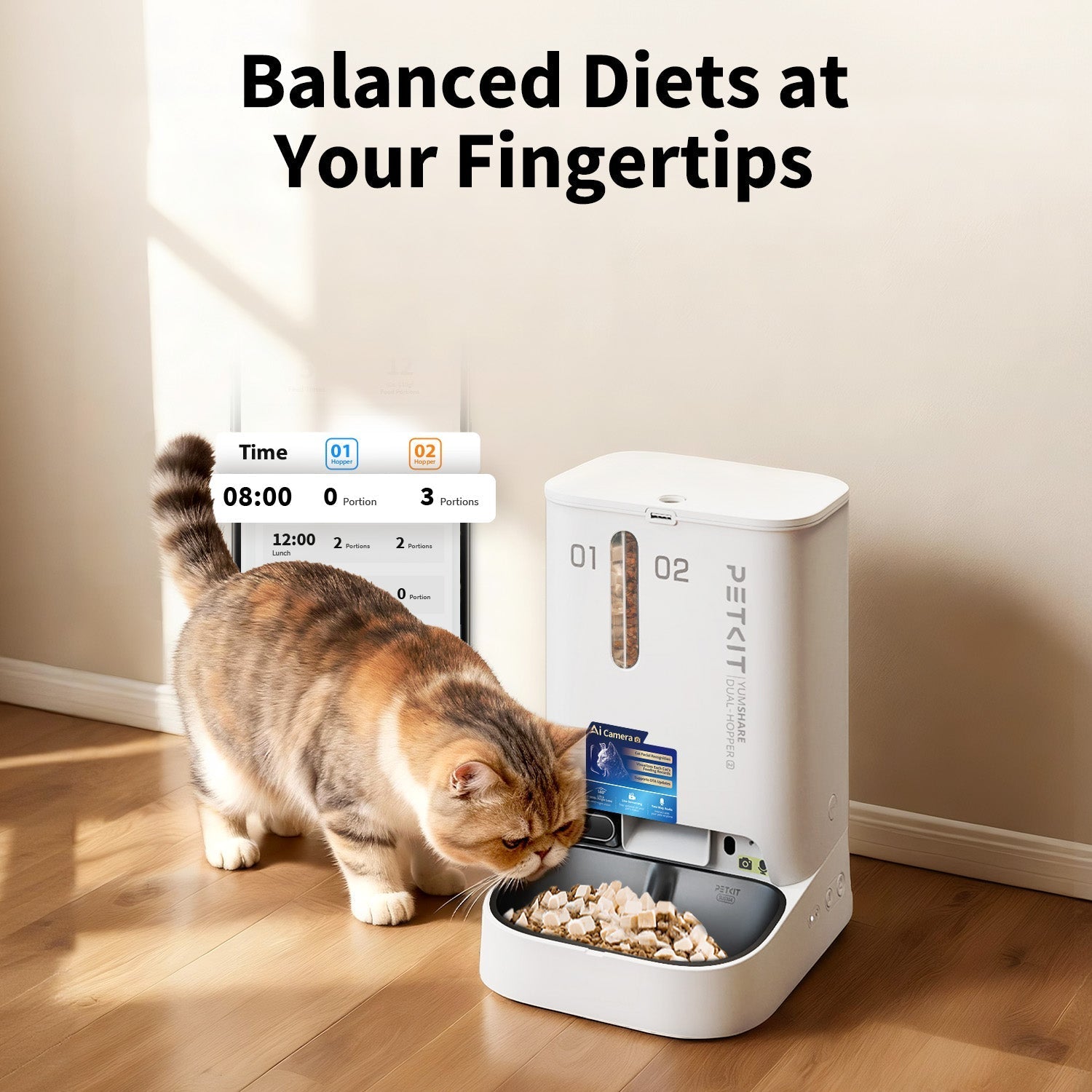 Petkit YumShare Dual-hopper automatic pet feeder with camera, featuring two compartments for balanced diet and real-time monitoring.