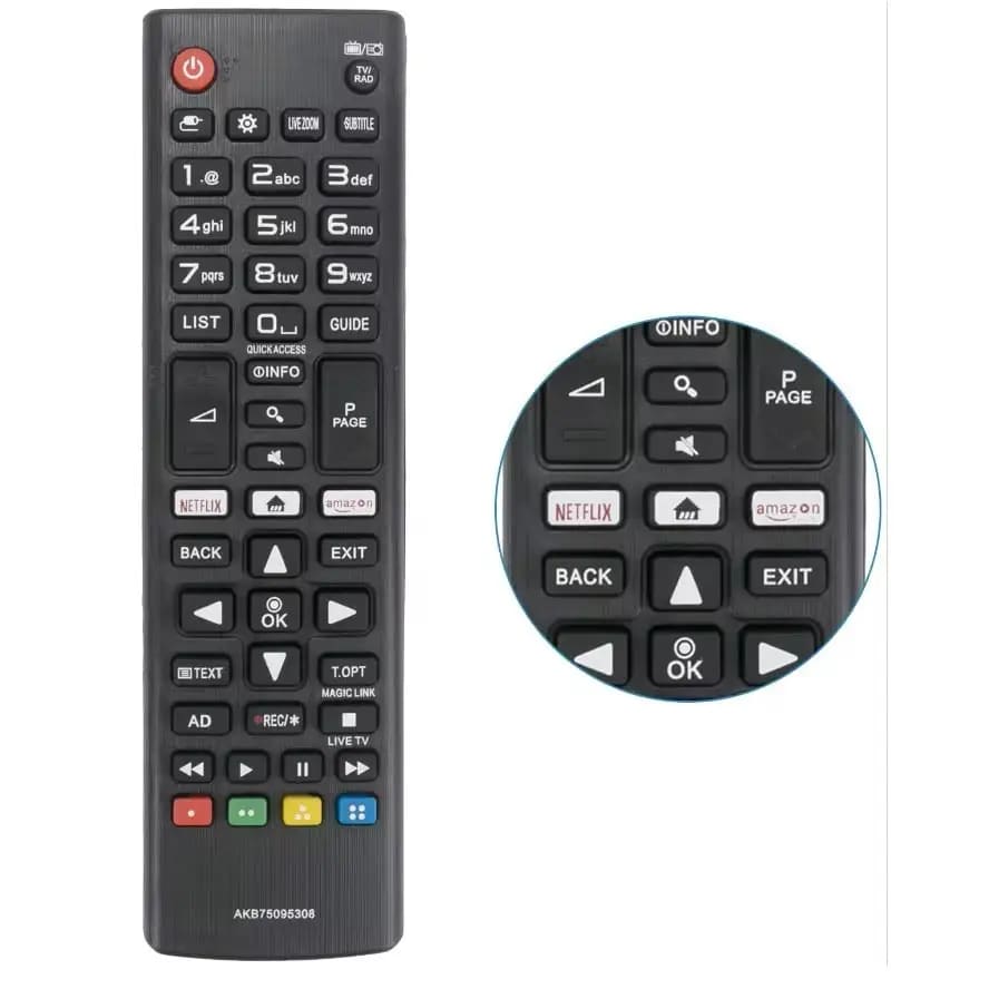 LG Smart TV remote by 9eight5, sleek black electronics remote control with buttons for LG TV operation.
