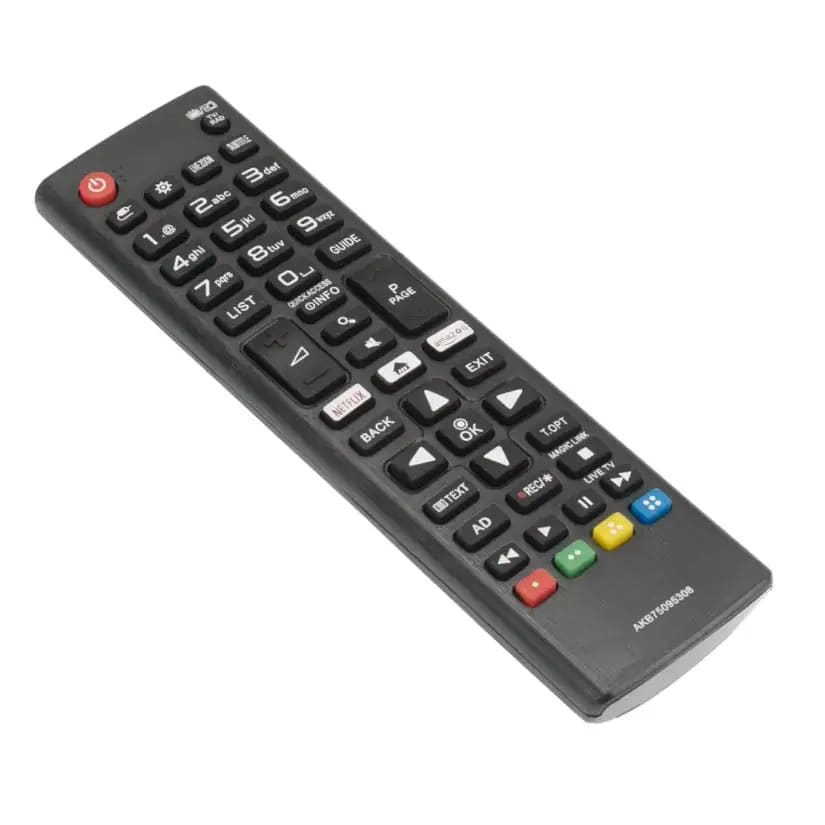 LG smart TV remote control by 9eight5, sleek electronic remote with buttons for LG television operation.