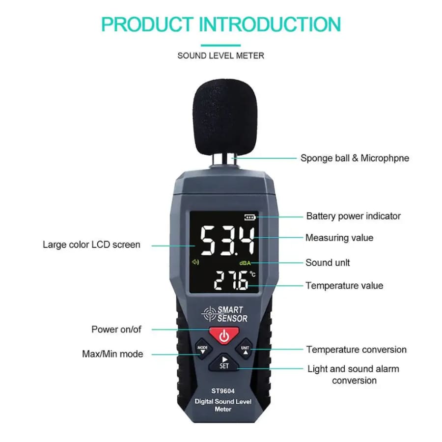 9eight5 sound level noise meter measuring decibels from 30 to 130dB, handheld device for noise level testing and monitoring.