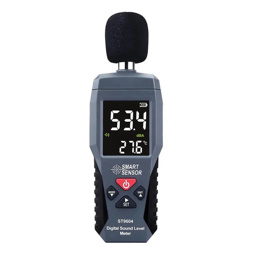 9eight5 sound level noise meter measuring decibels from 30 to 130dB, handheld tool for noise level testing and analysis.