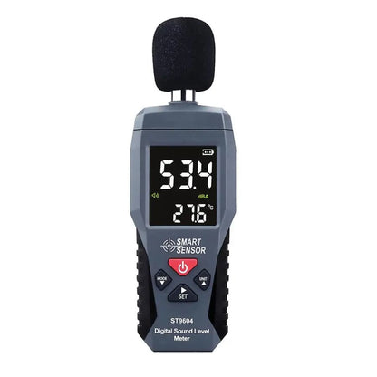 9eight5 sound level noise meter measuring decibels from 30 to 130dB, handheld tool for noise level testing and analysis.