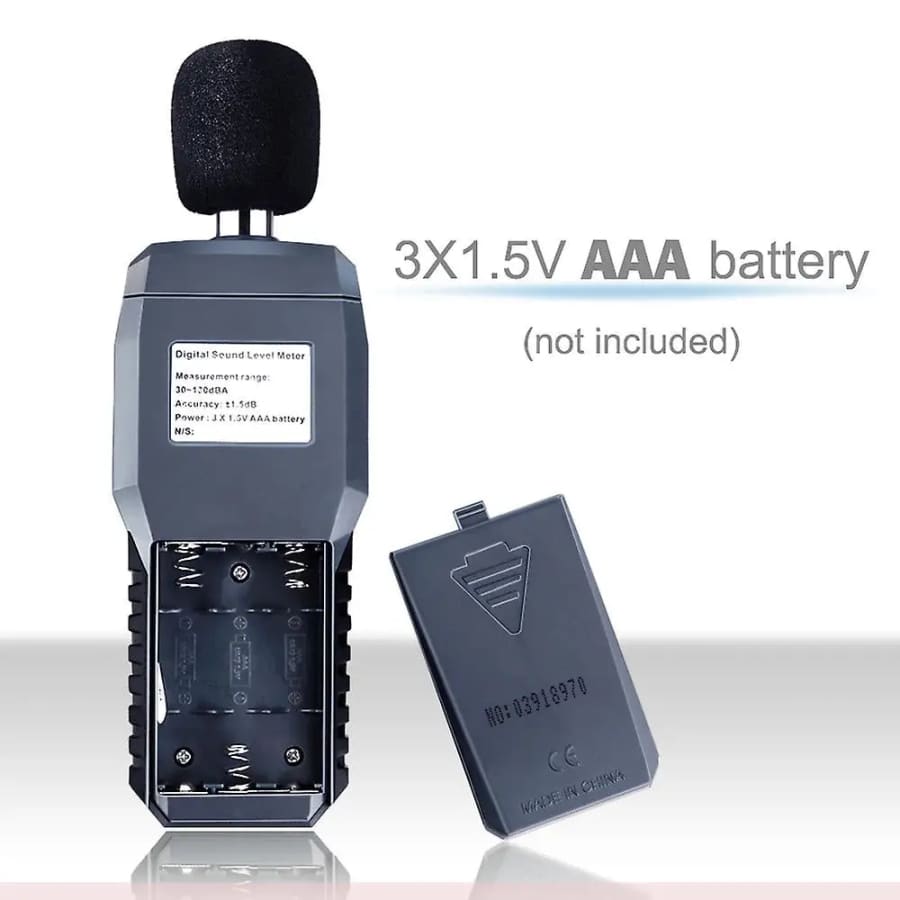 9eight5 sound level noise meter measuring decibel levels from 30 to 130dB, handheld device for noise level assessment.
