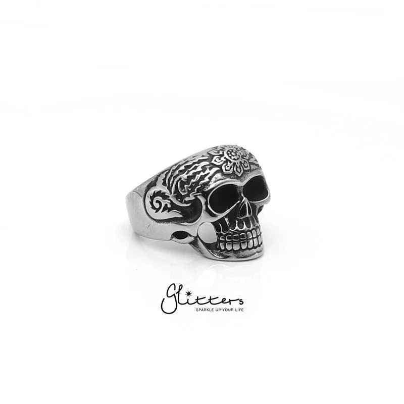 Stainless Steel Decorated Day of the Dead Sugar Skull Ring
