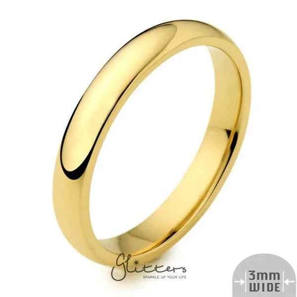 18K Gold Ion Plated over Stainless Steel 3mm Wide Glossy Mirror Polished Plain Band Ring
