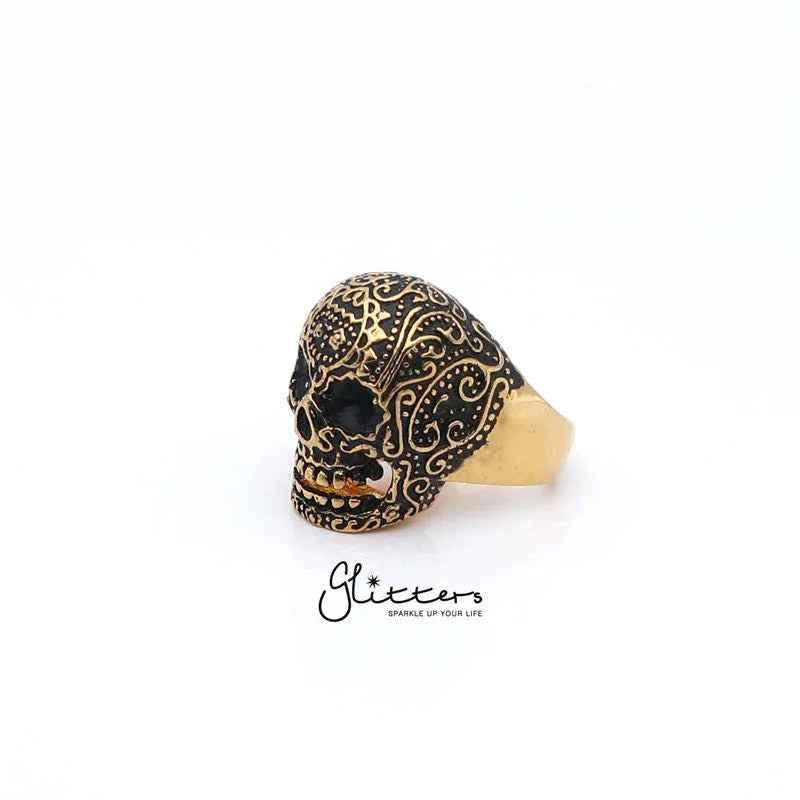 Gold IP Stainless Steel Day of the Dead Skull Cast Ring