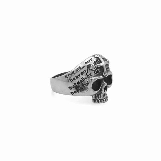 Stainless Steel Skull Ring with Cross and Script Engraving
