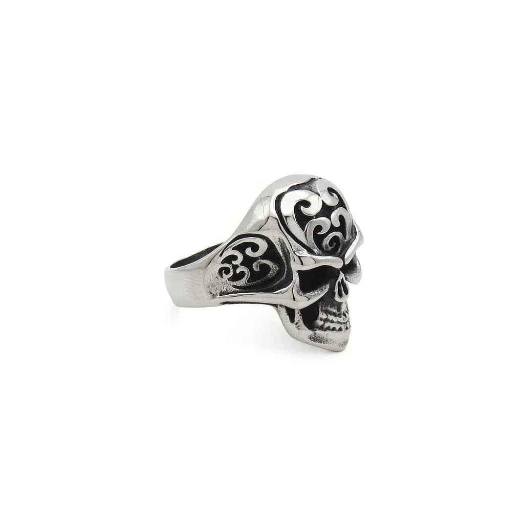 Stainless Steel Skull Ring with Tribal Carved Design