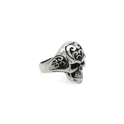 Stainless Steel Skull Ring with Tribal Carved Design