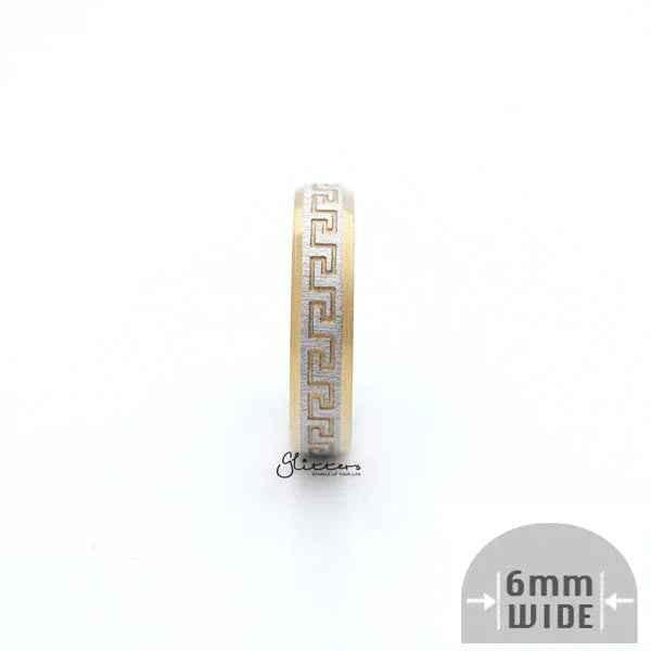6mm Wide Stainless Steel Two-Tone Greek Key Accented Matt Finish Ring