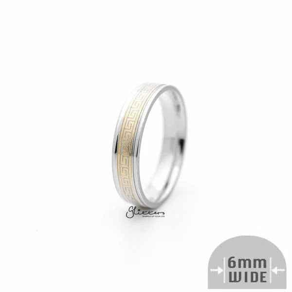6mm Silver Greek Key on Gold Background Stainless Steel Band Rings