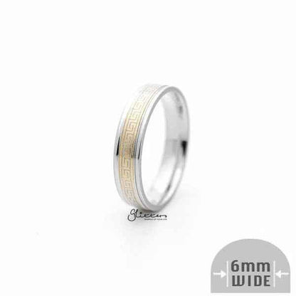 6mm Silver Greek Key on Gold Background Stainless Steel Band Rings
