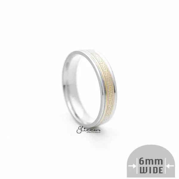 6mm Silver Greek Key on Gold Background Stainless Steel Band Rings
