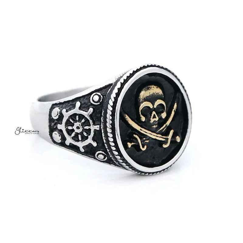 Gold Pirate Skull Crossbones Swords Stainless Steel Men's Ring