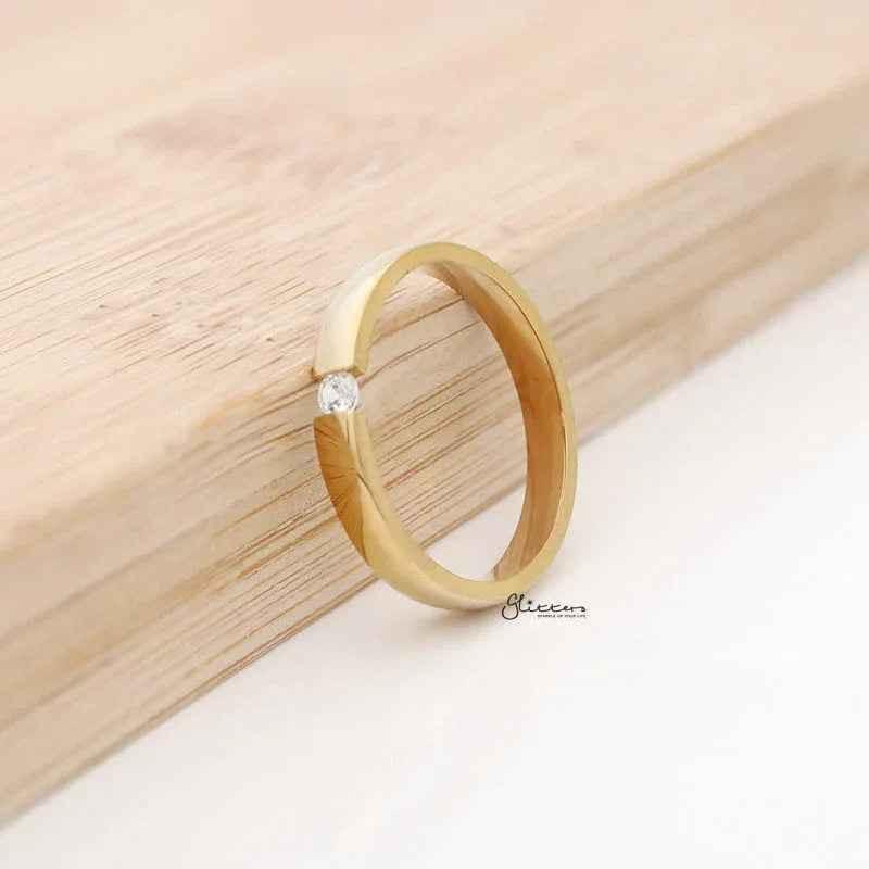 Tension Set CZ 3mm Wide Glossy Mirror Polished Band Ring - Gold