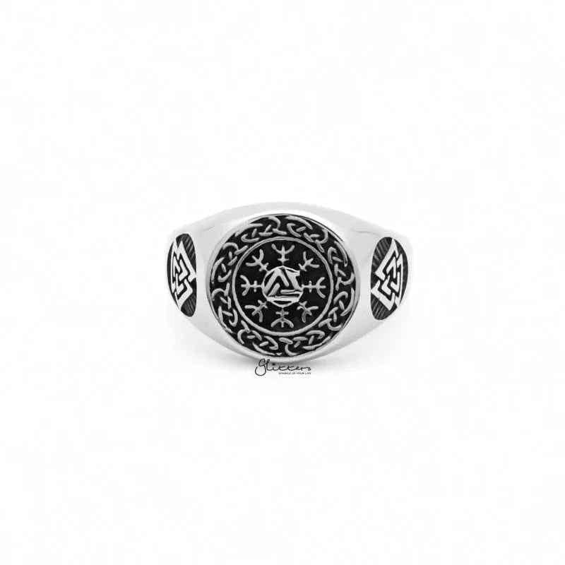 Valknut Stainless Steel Ring with Helm of Awe Symbol