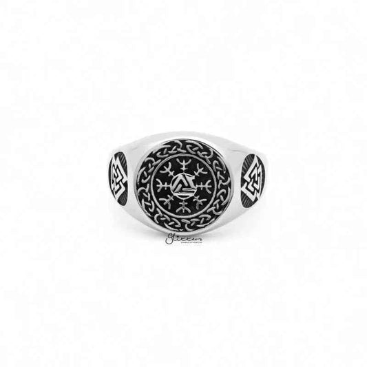 Valknut Stainless Steel Ring with Helm of Awe Symbol