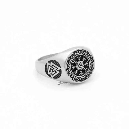 Valknut Stainless Steel Ring with Helm of Awe Symbol