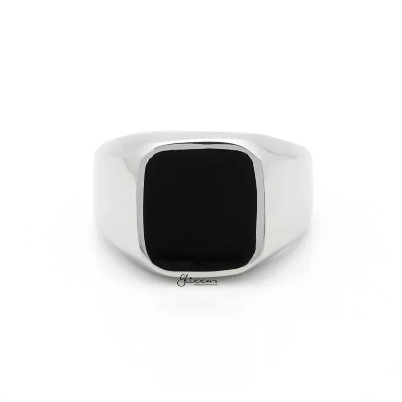 Black Square Flat Top Stainless Steel Signet Ring - Silver.