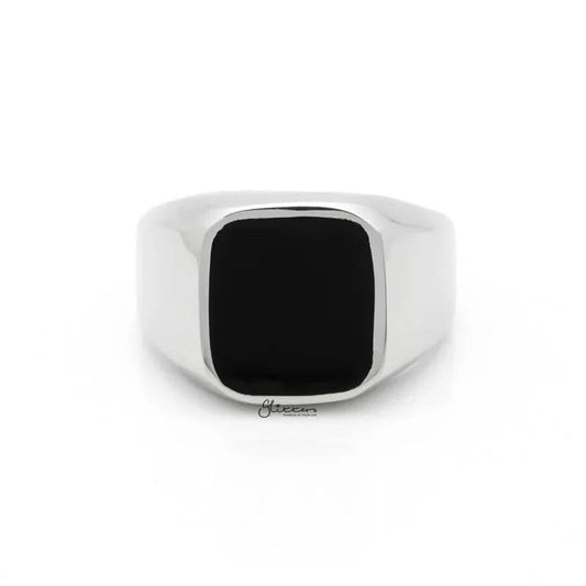 Black Square Flat Top Stainless Steel Signet Ring - Silver.