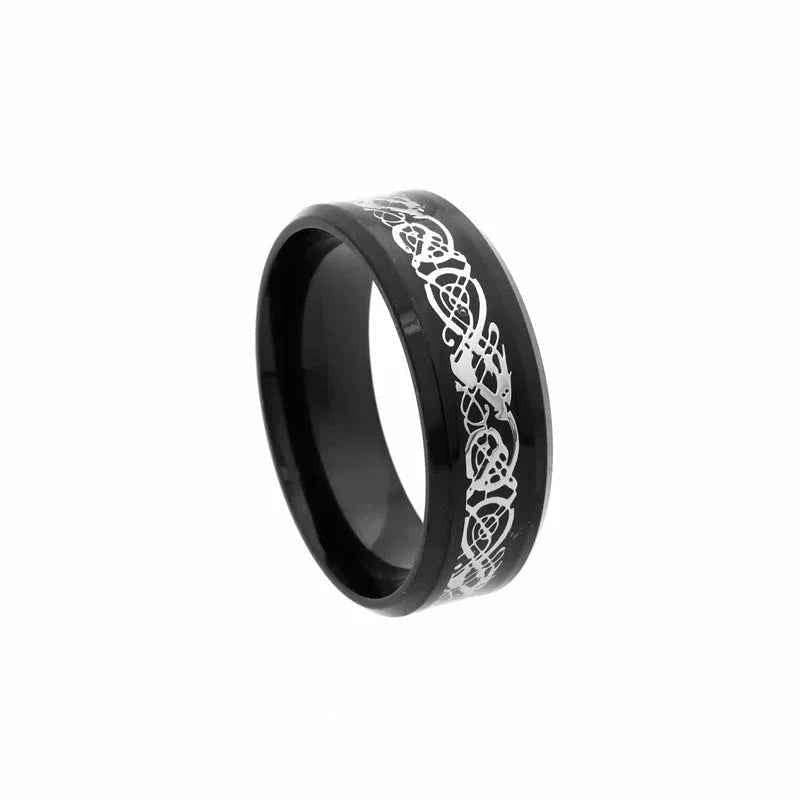 Black Beveled Edge Band Ring with Stripe Pattern