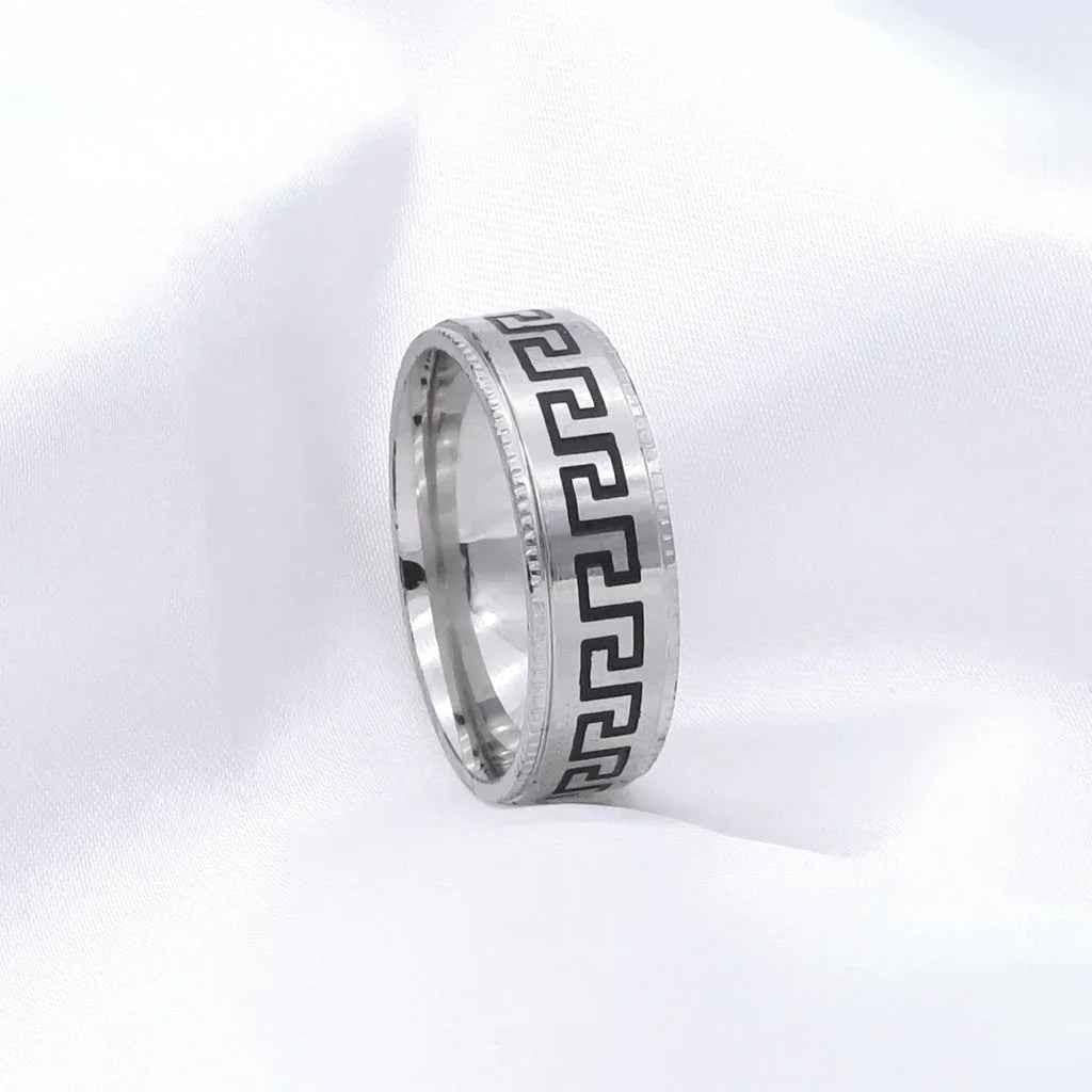 Stainless Steel Greek Key Pattern Band Ring - Silver