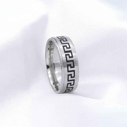Stainless Steel Greek Key Pattern Band Ring - Silver