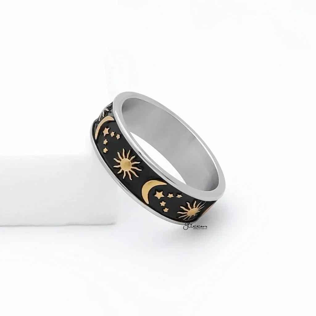 Stainless Steel Sun Moon Stars Ring - Gold