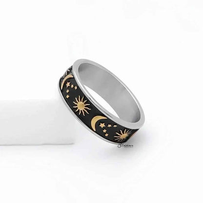 Stainless Steel Sun Moon Stars Ring - Gold