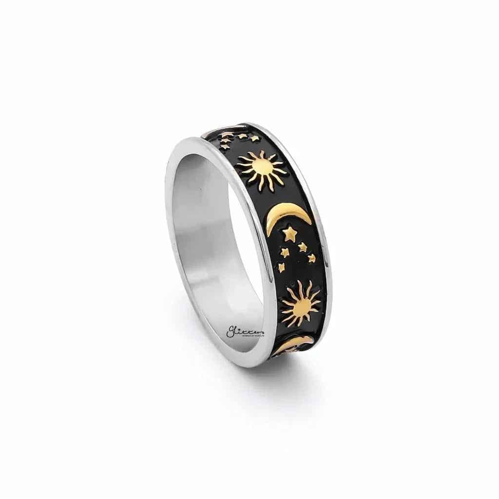 Stainless Steel Sun Moon Stars Ring - Gold