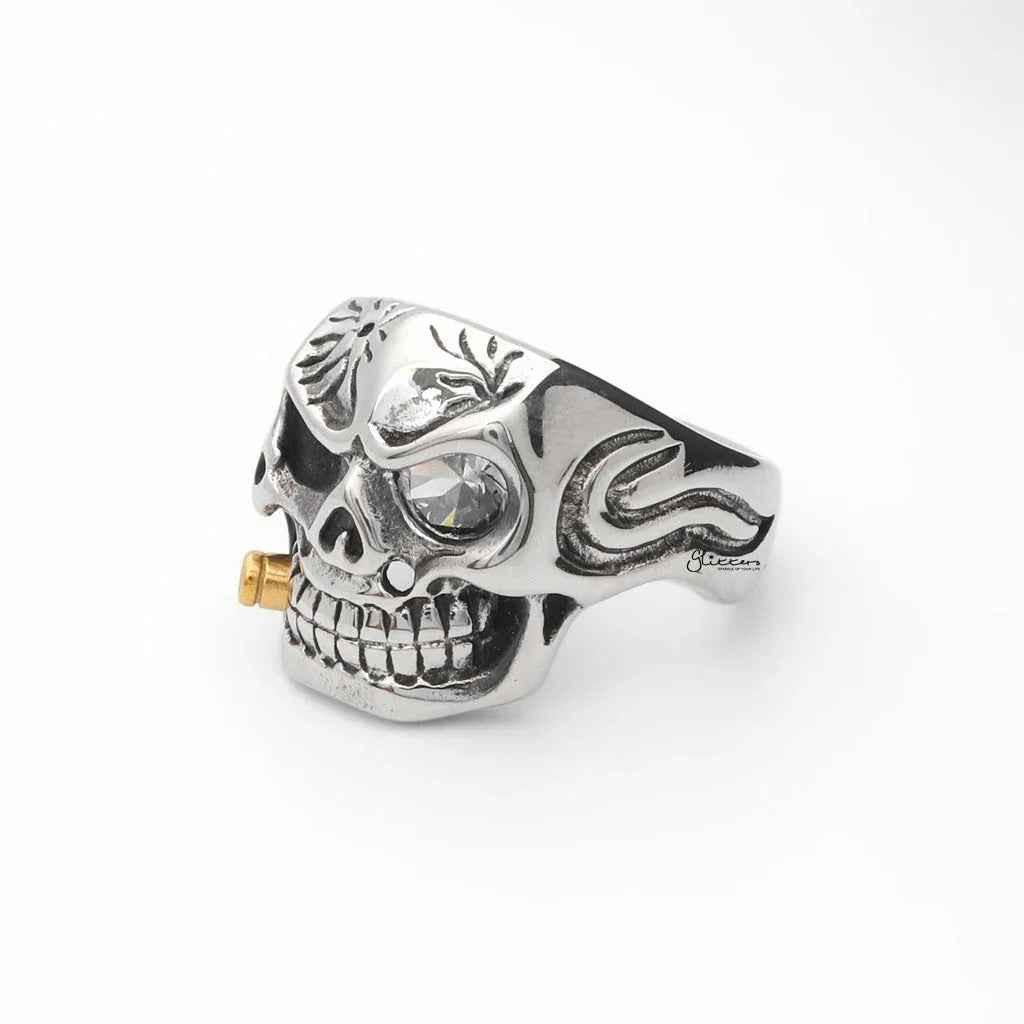 Stainless Steel Skull with Gold Bullet Ring