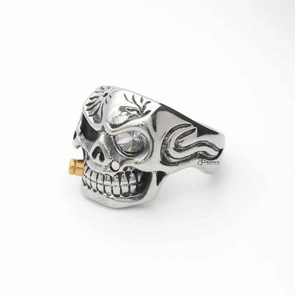 Stainless Steel Skull with Gold Bullet Ring