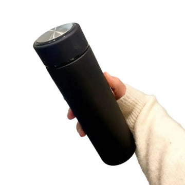 Black stainless steel Habicare 500ML thermos bottle with rubber paint finish, durable and insulated for hot and cold drinks.