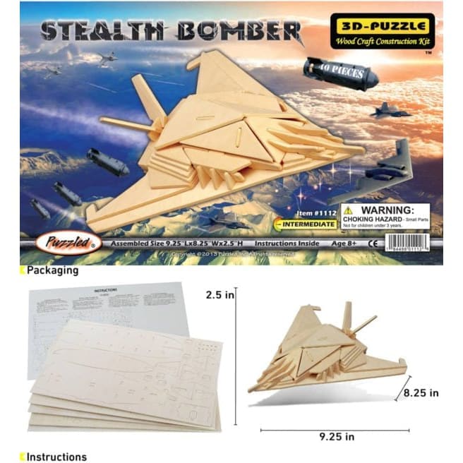 3D Stealth Bomber puzzle by 9eight5, featuring detailed model with intricate parts and assembly process.