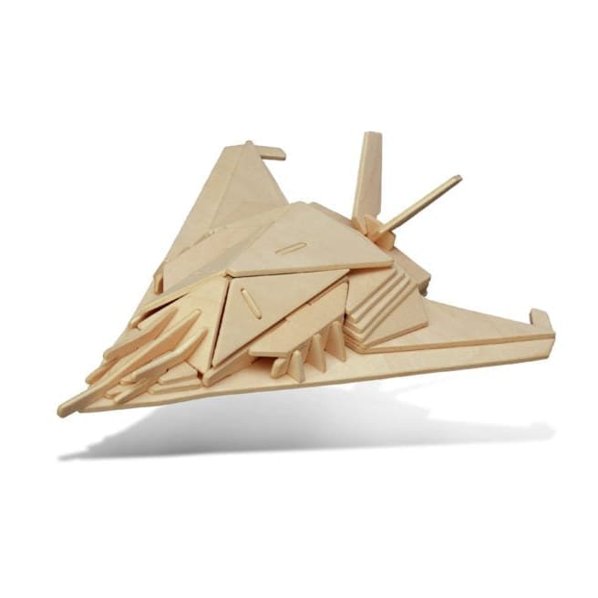 Detailed image of a 3D Stealth Bomber puzzle by 9eight5, showing the assembled model's sleek, angular design and dark gray color.