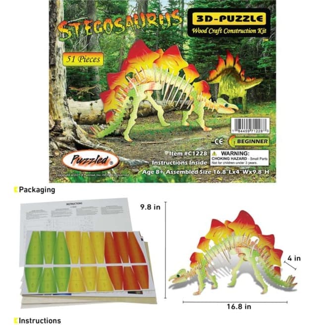 Illuminated 3D Stegosaurus puzzle by 9eight5 featuring detailed plastic dinosaur model with internal lighting.