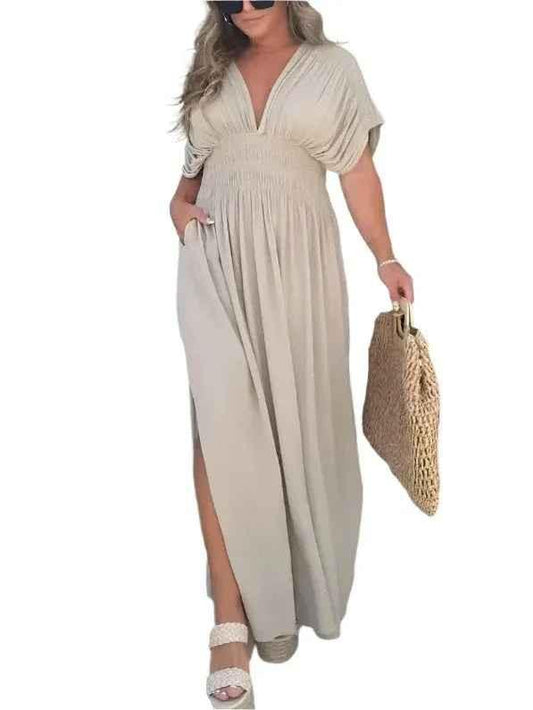 Khaki slit and chic summer dress by Stylish 3Sixty5 featuring a stylish design and flowy fabric, perfect for warm weather.