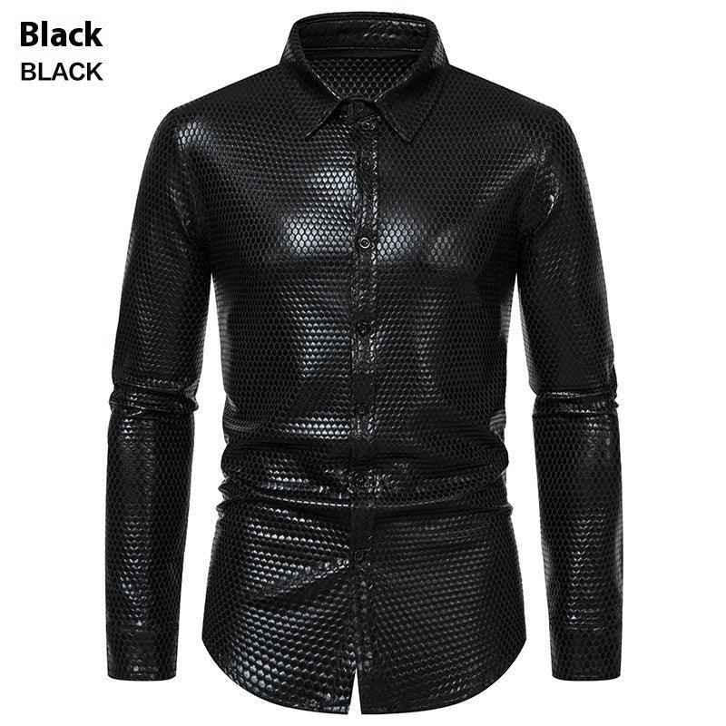 Black Rhombus Bronzed Button-Up Shirt from Stylish 3Sixty5, featuring a classic collar and button front for a modern tops look.